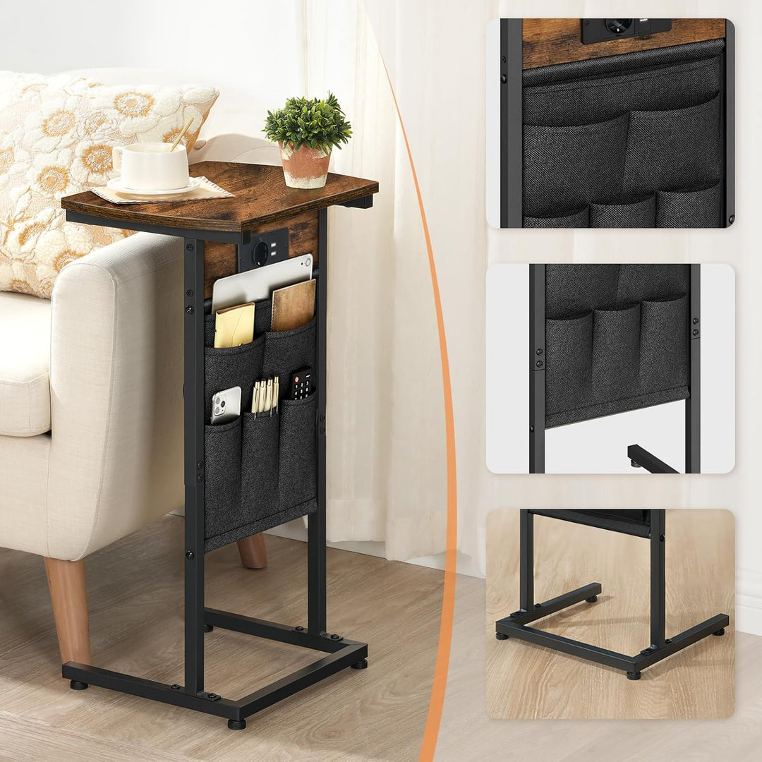 HOOBRO C-Form Beistelltisch mit Ladestation, Couchtisch mit gebogener Platte, Sofatisch mit Vliestas