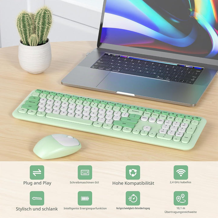 SOLIDEE Buntes kabellose Tastatur und Maus-Kombination,2.4GHz Retro Schreibmaschine,104 Tasten in vo