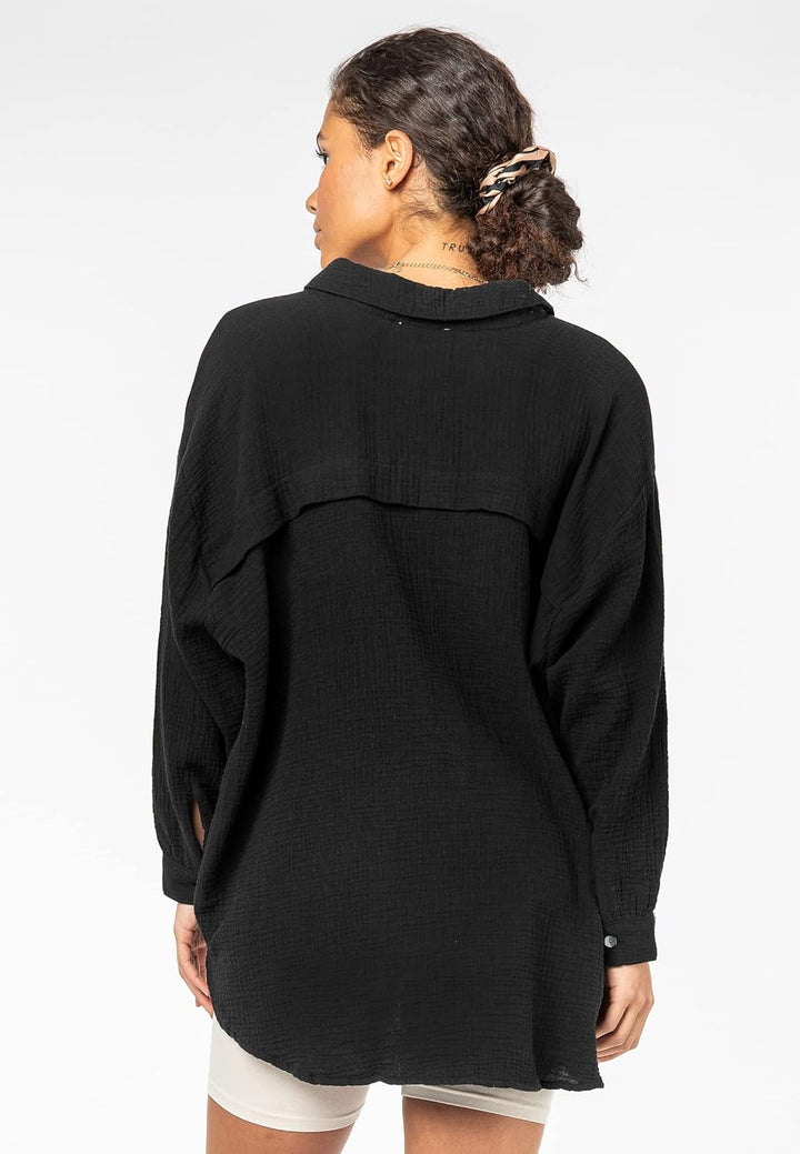 Sublevel Damen Musselin Bluse Muslin Long-Bluse Langarm Oversize Baumwolle S-M Schwarz, S-M Schwarz