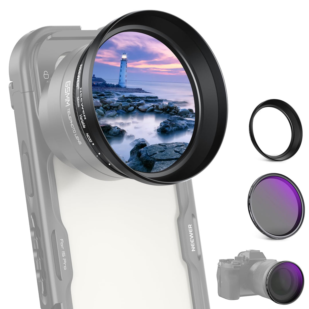 NEEWER 58mm Variabler ND Filter mit 62mm Gegenlichtblende, ND2-32 1-5 Stops Einstellbarer Graufilter