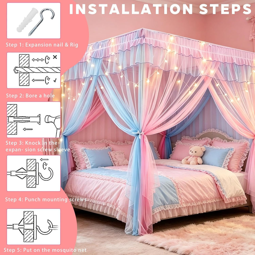 YOUYIKE Betthimmel Mädchen, 200x150x200cm Rosa Blau Zweifarbiger Moskitonetz mit LED Warmweiss Licht