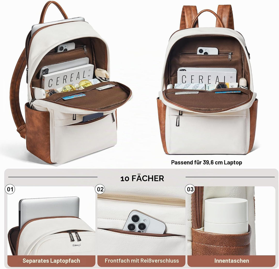 Veganer Lederrucksack für Damen und Herren, passend für 16,0 Zoll Laptop, Design mit vielen Fächern,