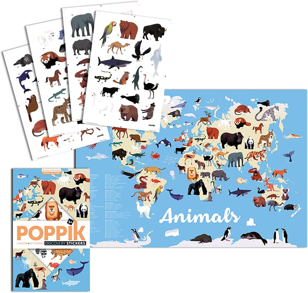 POPPIK 1841051 Sticker-Poster, Tiere der Welt, interaktives Lernposter mit Aufklebern, mehrsprachige