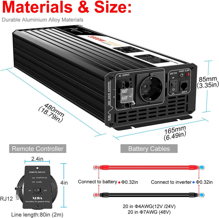 Xijia 3000W Wechselrichter 12V 230V Reiner Sinus Spannungswandler (6000W Spitzenleistung), LCD-Displ