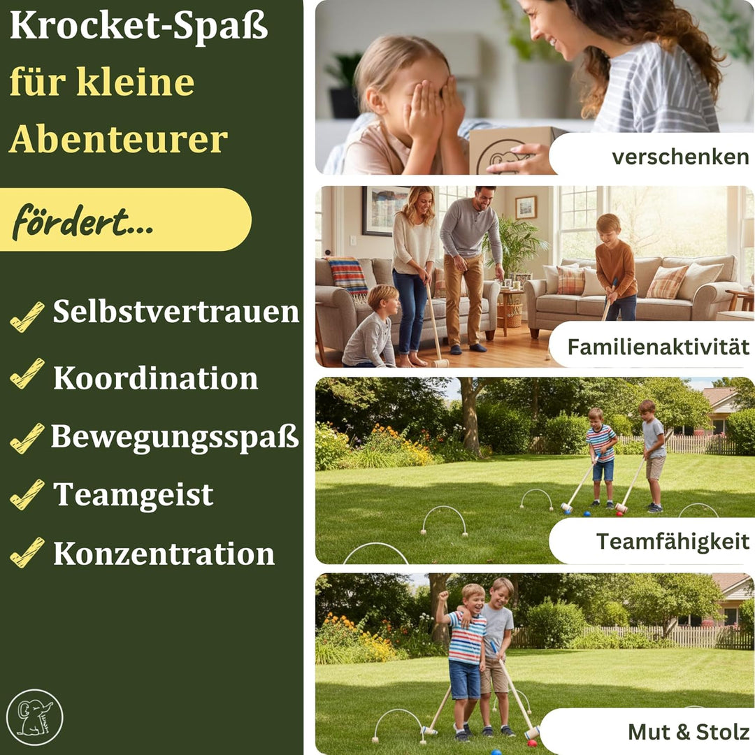 Eli® Krocket Spiel für Kinder inkl Schläger - Ziele und Bälle aus Holz - Crocket Set für Indoor und