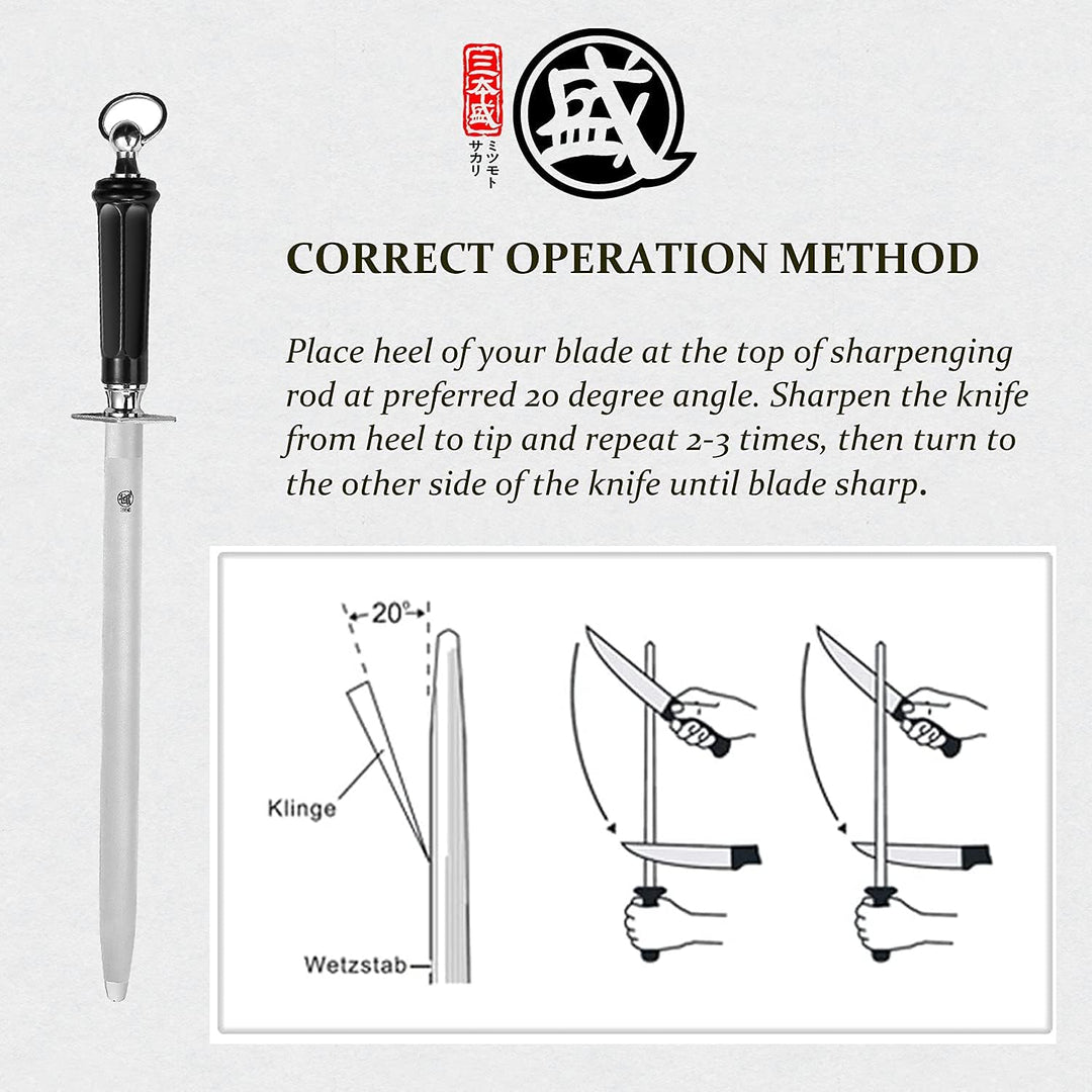 MITSUMOTO SAKARI 40 cm Edelstahl Wetzstab, Japanischer Messerschärfer mit Hohem Kohlenstoffgehalt We