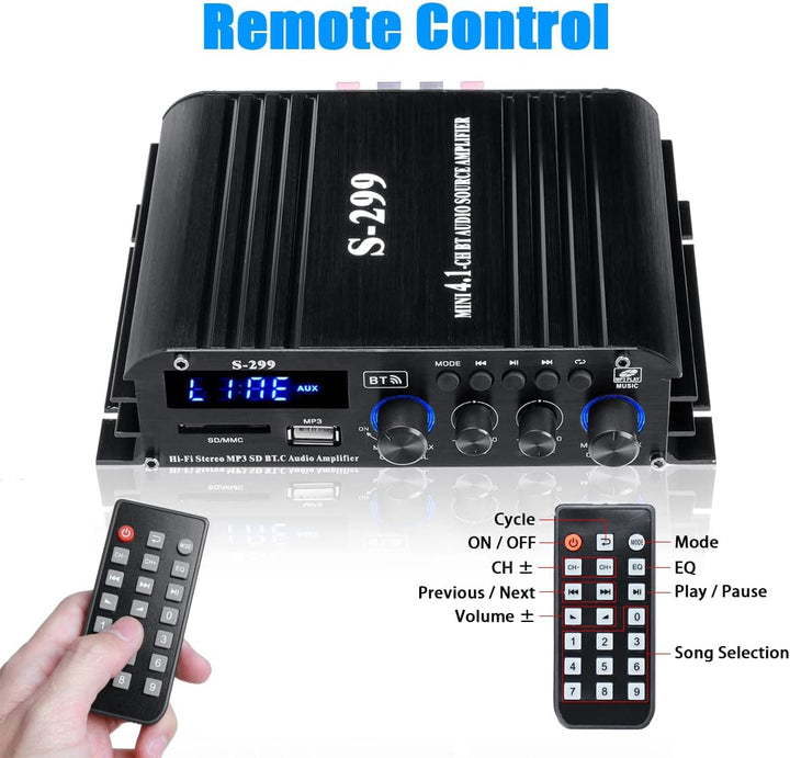 Etlephe 4.1 Kanal 1600W Mini Verstärker,Bluetooth 5.0 Verstärker 50Wx4 + aktiver Subwoofer, Hi-Fi In