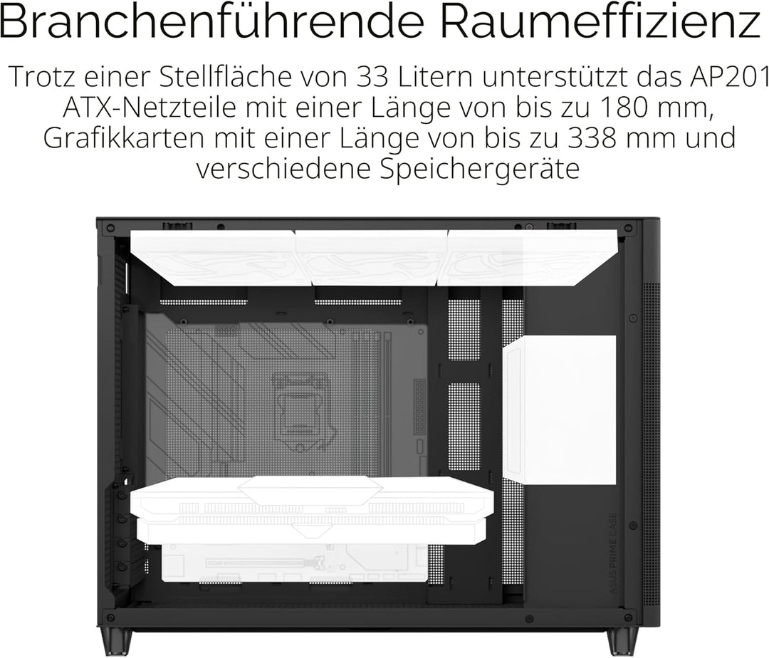 ASUS Prime AP201 MicroATX Gehäuse schwarz (33 Liter, unterstützt 280- & 360-mm-Kühler, Grafikkarten