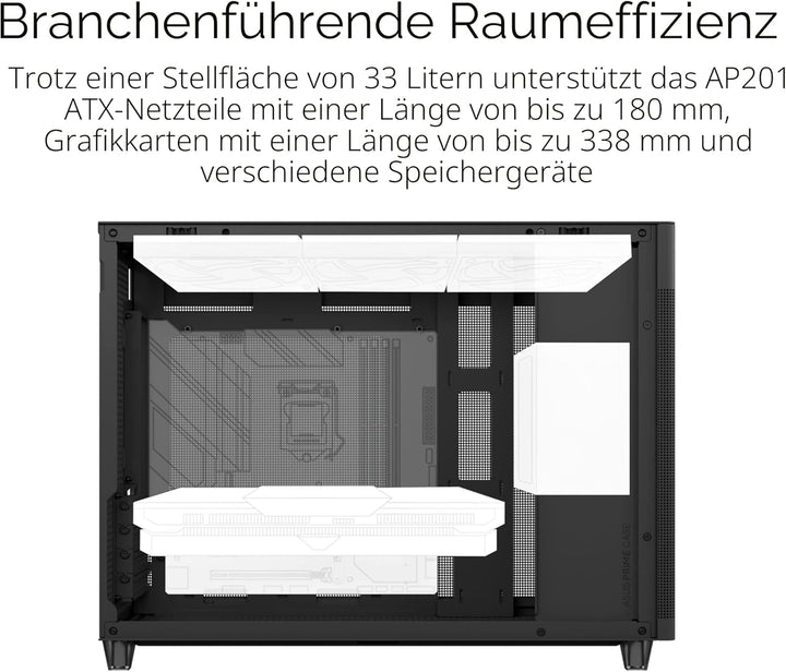 ASUS Prime AP201 MicroATX Gehäuse schwarz (33 Liter, unterstützt 280- & 360-mm-Kühler, Grafikkarten
