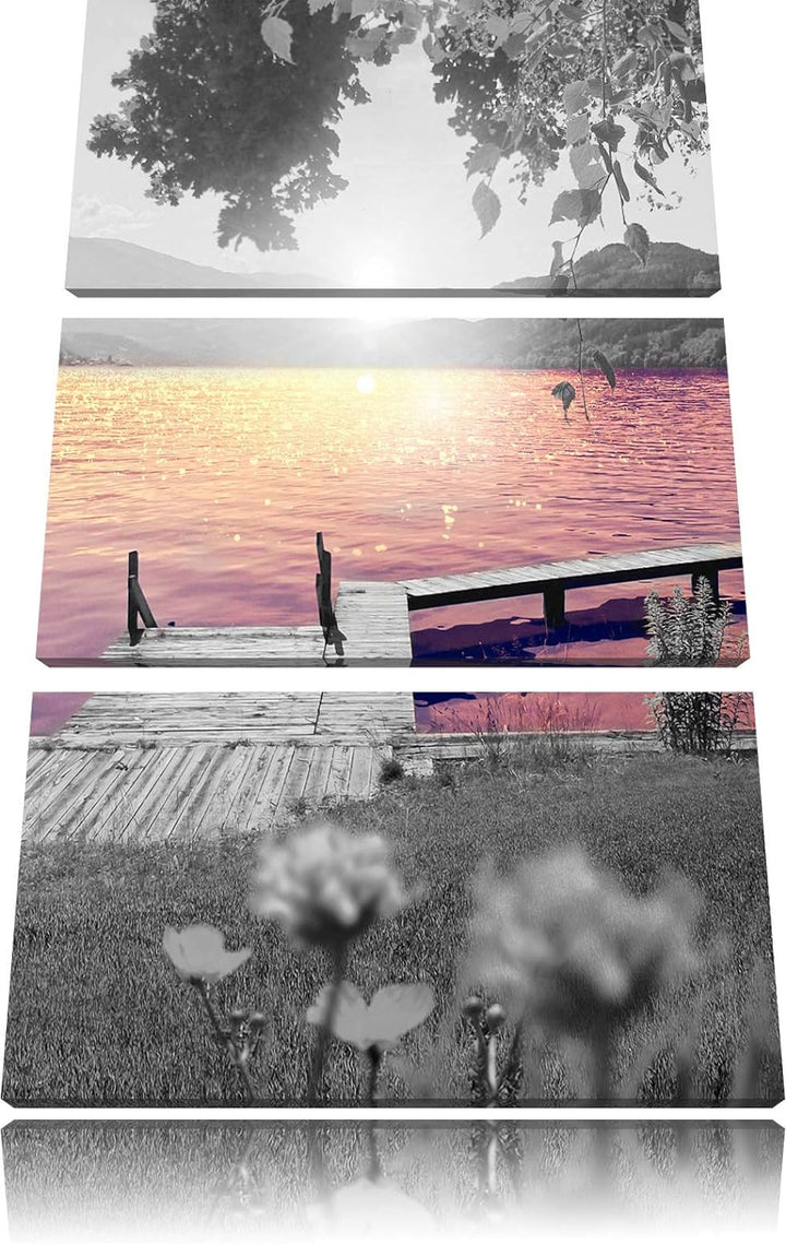 kleiner Steg am See bei Sonnenaufgang schwarz/weiss 3-Teiler Leinwandbild 120x80 Bild auf Leinwand,