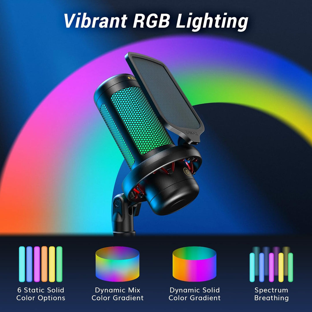 TONOR Gaming Mikrofon PC, USB Microphone für Computer PS4/5, Kondensatormikro mit RGB-Modi & Helligk