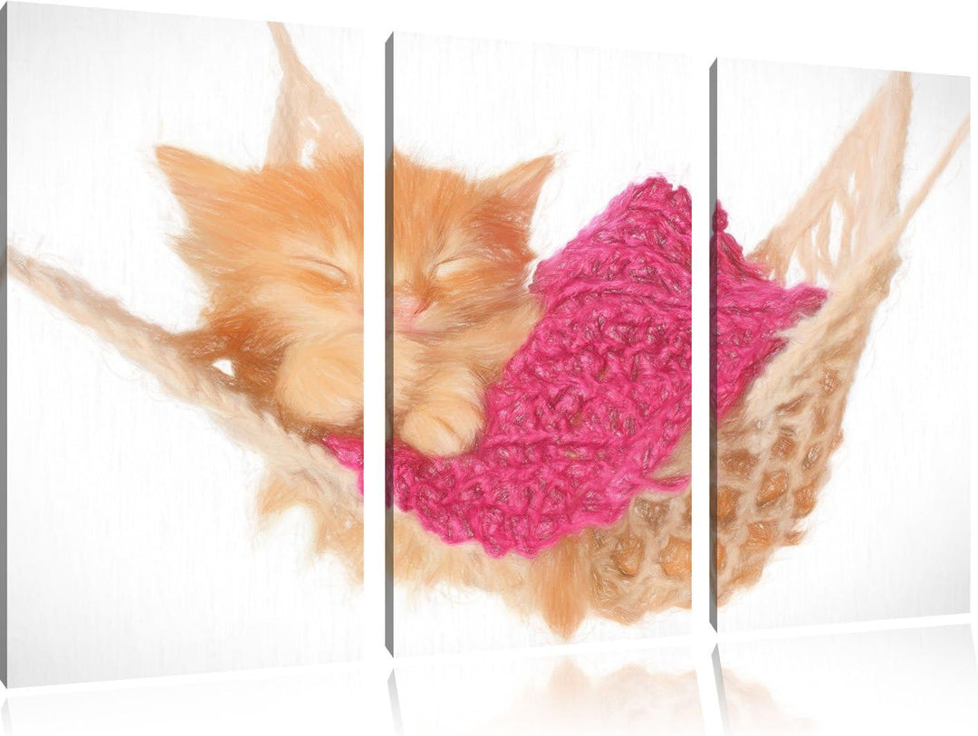 Pixxprint Schlafendes Katzenbaby in Hängematte Bunstift Effekt 3-Teiler Leinwandbild 120x80 Bild auf