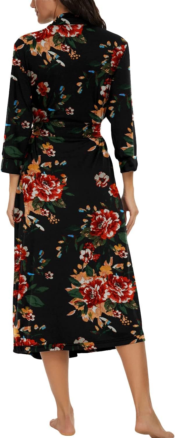 PrinStory Damen Bademantel Leichter 3/4 Ärmeln Morgenmantel V-Ausschnitt Kimono Roben Langes Nachtwä