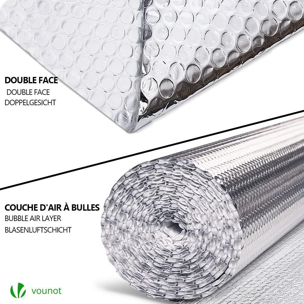 VOUNOT Isolierfolie Dämmfolie 20m x 122cm x 3.2mm, Doppelte Alu-Luftpolsterfolie Heizkörper Reflexio