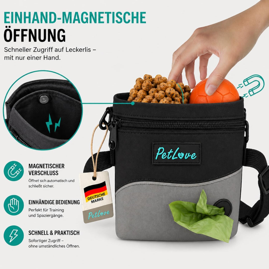 PetLove Leckerlibeutel für Hunde • Futterbeutel mit Magnetverschluss • Inklusive Kotbeutelspender &amp;