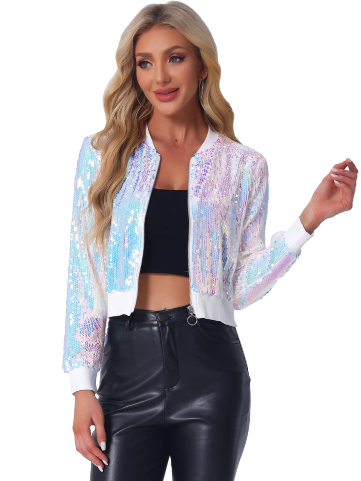 Allegra K Damen Bomberjacke Langarm Glitzer Pailletten Party Jacke XS Hell Rosa, XS Hell Rosa