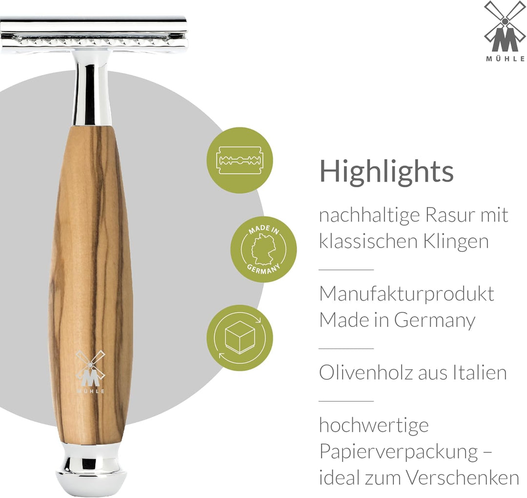 MÜHLE Vivo Rasierset - Rasierhobel, Rasierpinsel mit reinem Dachshaar und Halterung - Griffe aus edl