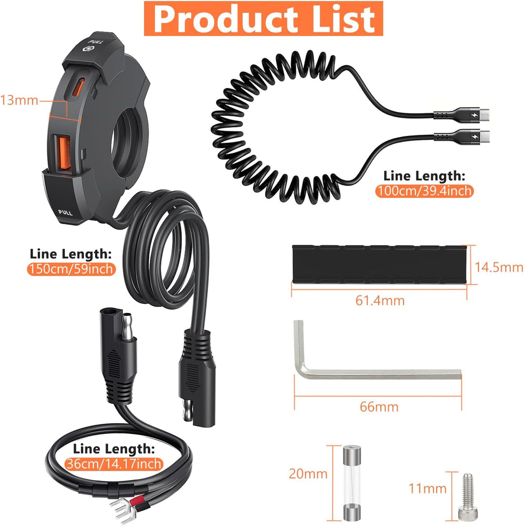 48W Wasserdichtes Motorrad USB C Steckdose, Moto Telefon Ladegerät, QC3.0 USB-A und USB C 12V Motorr