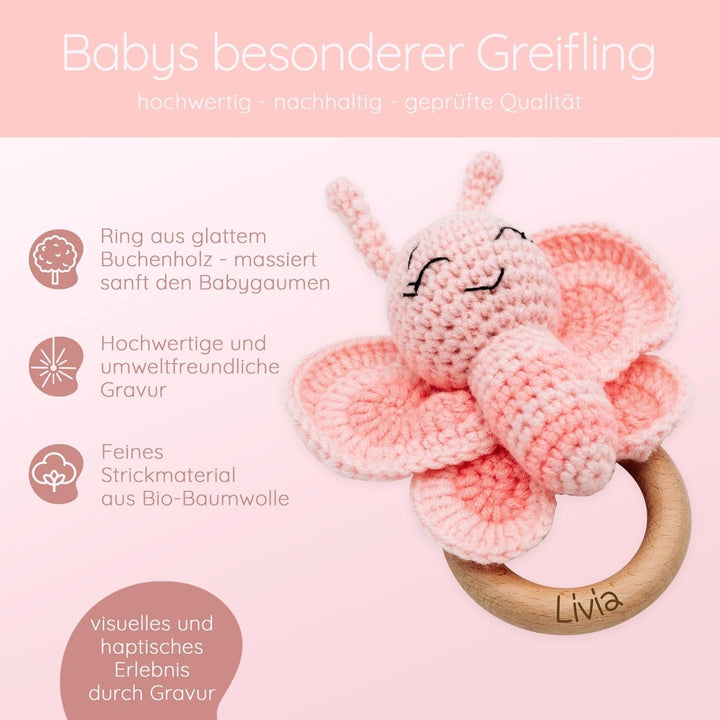 Personalisierter Beissring Baby - Niedlicher Greifling für Baby's, Greifring, Babyrassel mit Name al