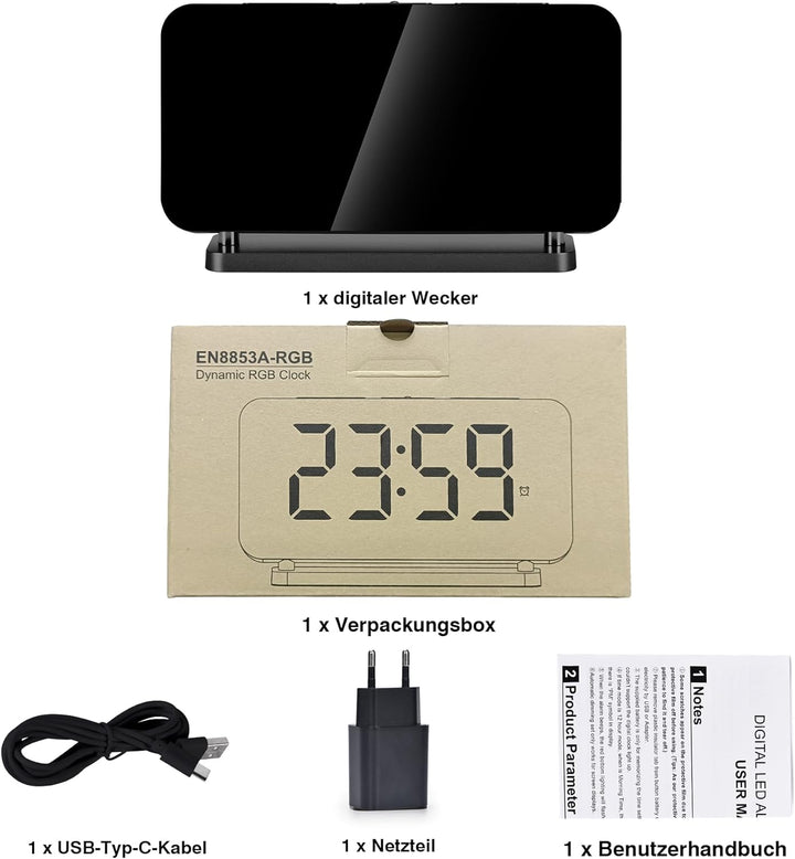 SZELAM Wecker Digital, Nachttisch,7,4" Spiegeluhr mit 10 Modi RGB-Nachtlicht,11 Farben LED Digitalan