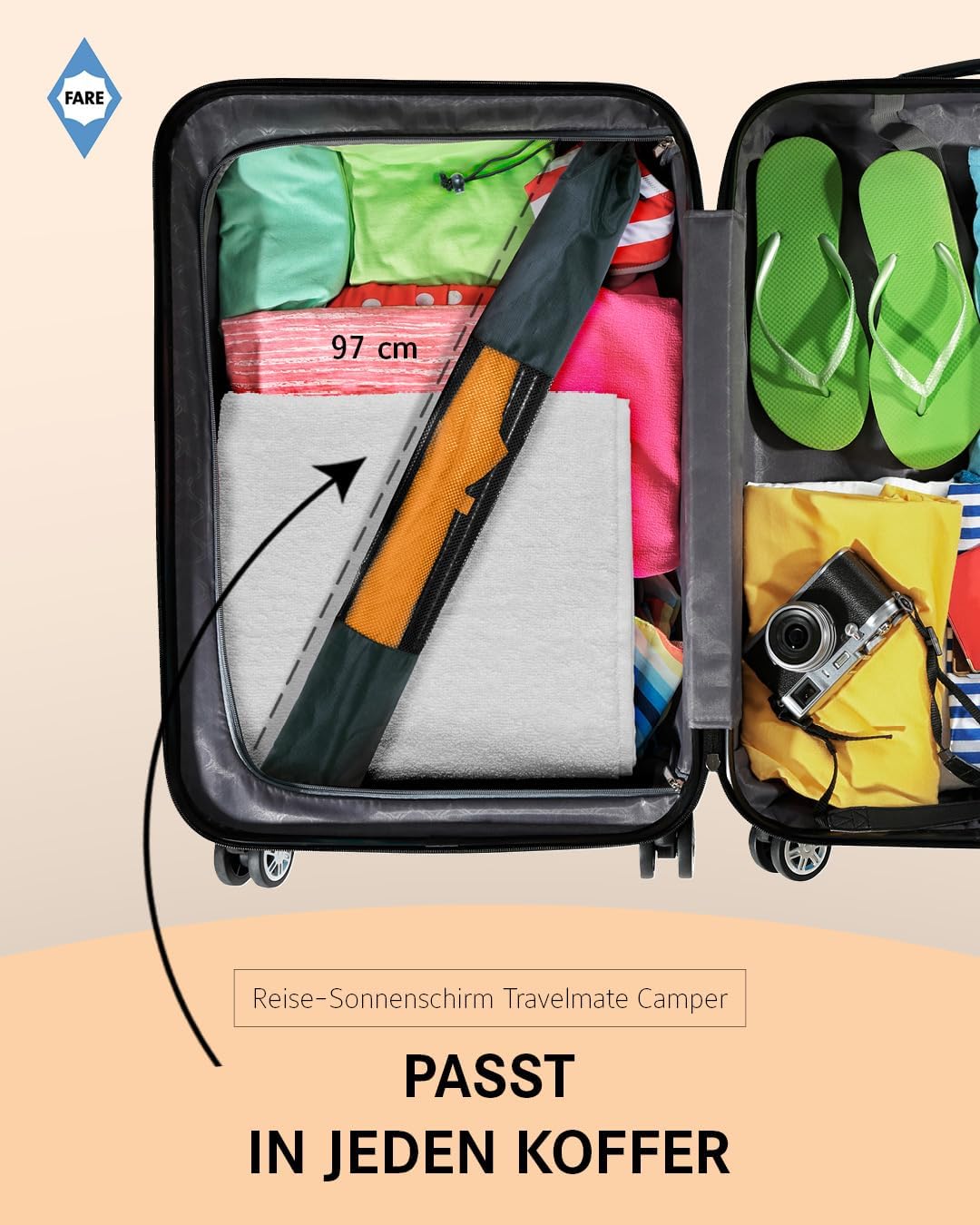 FARE Reise-Sonnenschirm Travelmate Camper UV Schutz 50+ für Koffer Flugzeug Camping Balkon Strand Ga