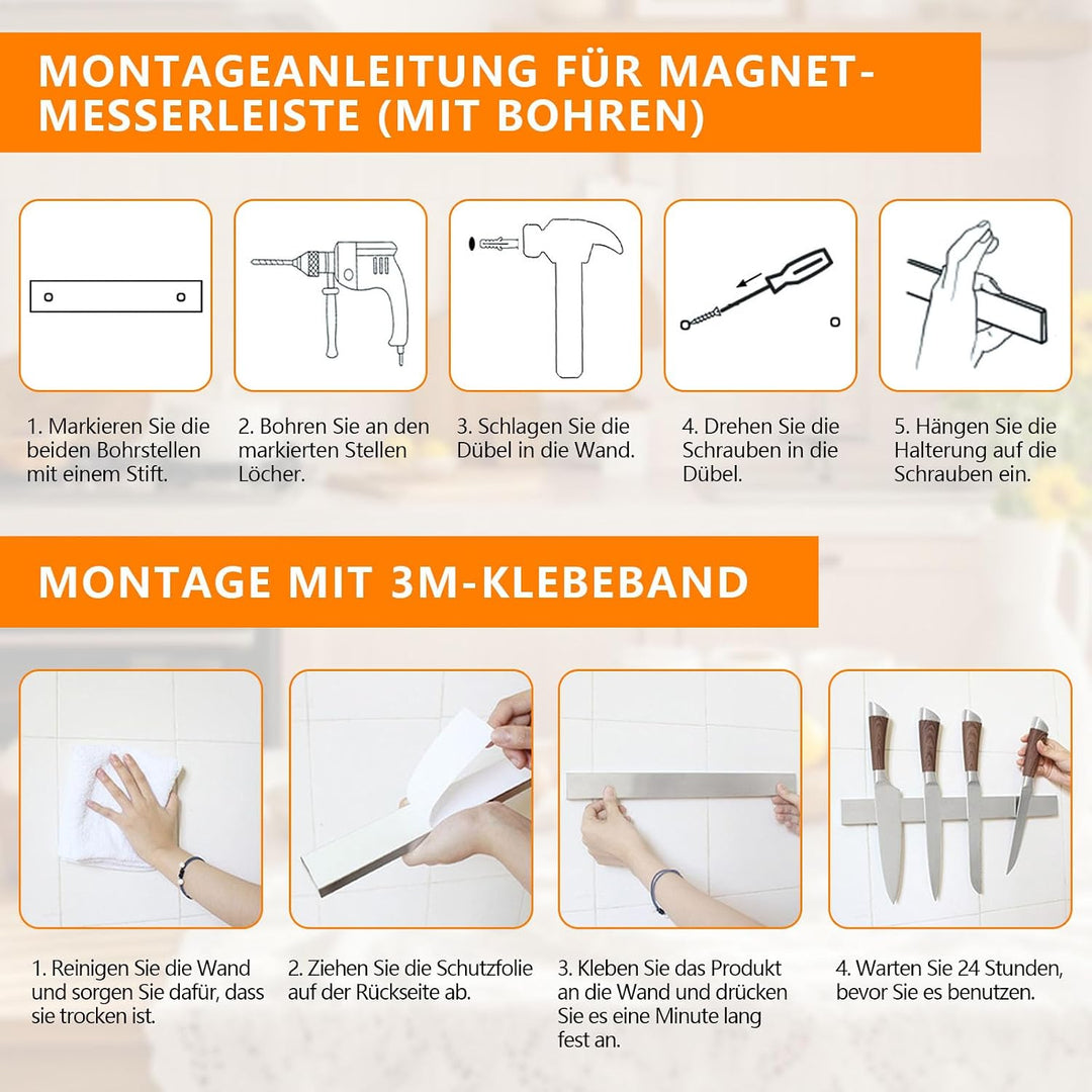 50cm Magnetleiste Messer Selbstklebend mit 3 Haken | Messerhalter Magnetisch, Messermagnete Wand Ohn