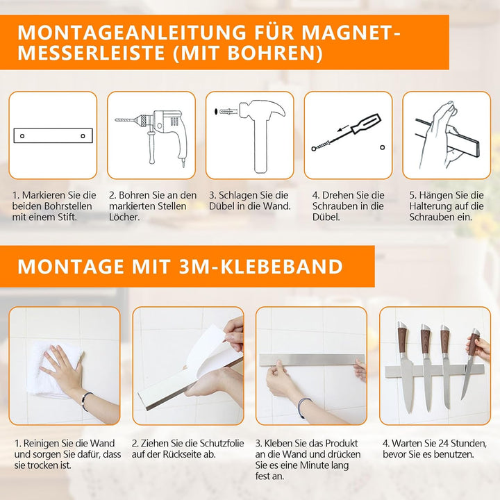 50cm Magnetleiste Messer Selbstklebend mit 3 Haken | Messerhalter Magnetisch, Messermagnete Wand Ohn