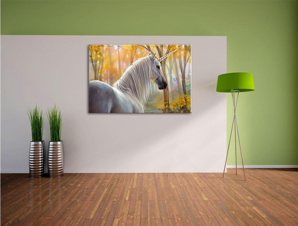 Einsames Einhorn im Wald, Format: 100x70 auf Leinwand, XXL riesige Bilder fertig gerahmt mit Keilrah