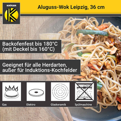 KRÜGER Aluguss-Wok Leipzig mit Glasdeckel und Zubehör 36 cm - Wokpfanne mit Antihaft Versiegelung -