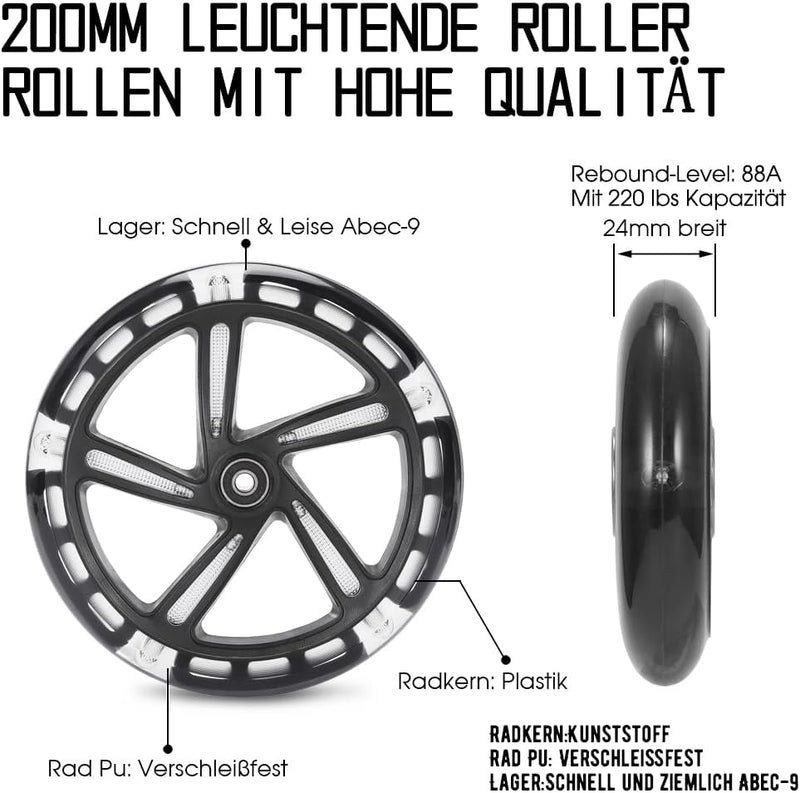 200mm Scooter Rollen - 2 Stück 200mm City Scooter Ersatzräder räder mit ABEC9 Kugellager - Cityrolle
