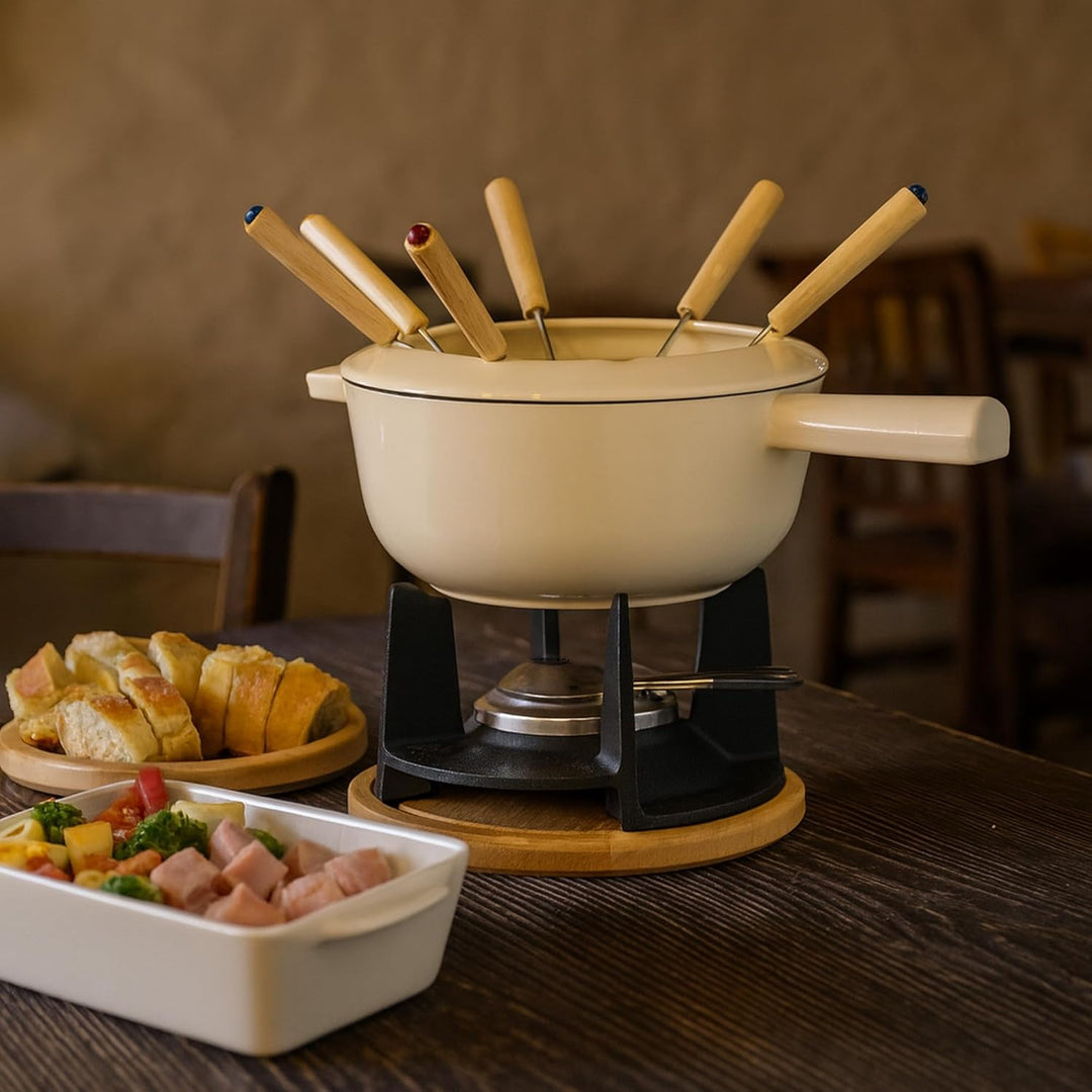 Mahlzeit Gusseisen Fondue Set für 6 Personen | 2 Liter | Fondueset 13 teilig mit Brenner und Gabeln