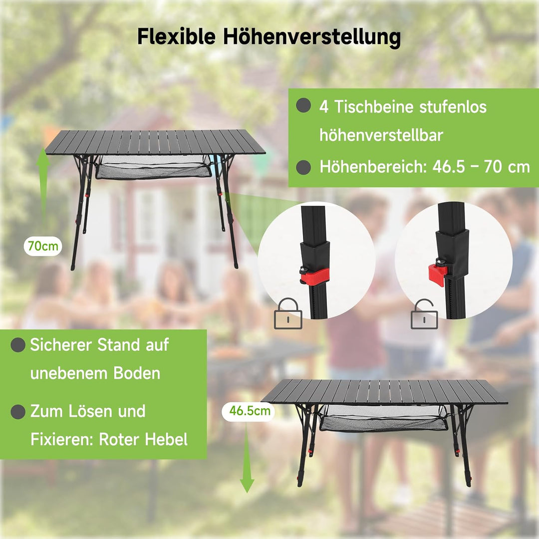 HAUSPROFI Campingtisch Klappbar Aluminium Höhenverstellbar 120x70cm | Falttisch mit Tragetasche &amp; Ne