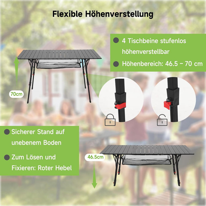 HAUSPROFI Campingtisch Klappbar Aluminium Höhenverstellbar 120x70cm | Falttisch mit Tragetasche &amp; Ne