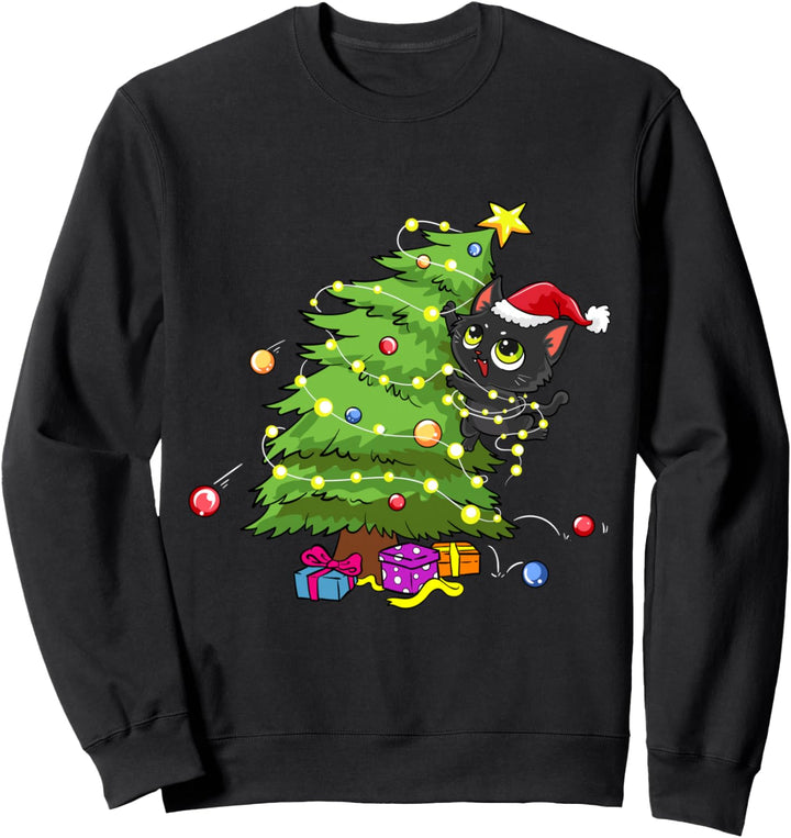 Santa Black Cat verwirrt in Weihnachtsbaum Lichter Urlaub Sweatshirt