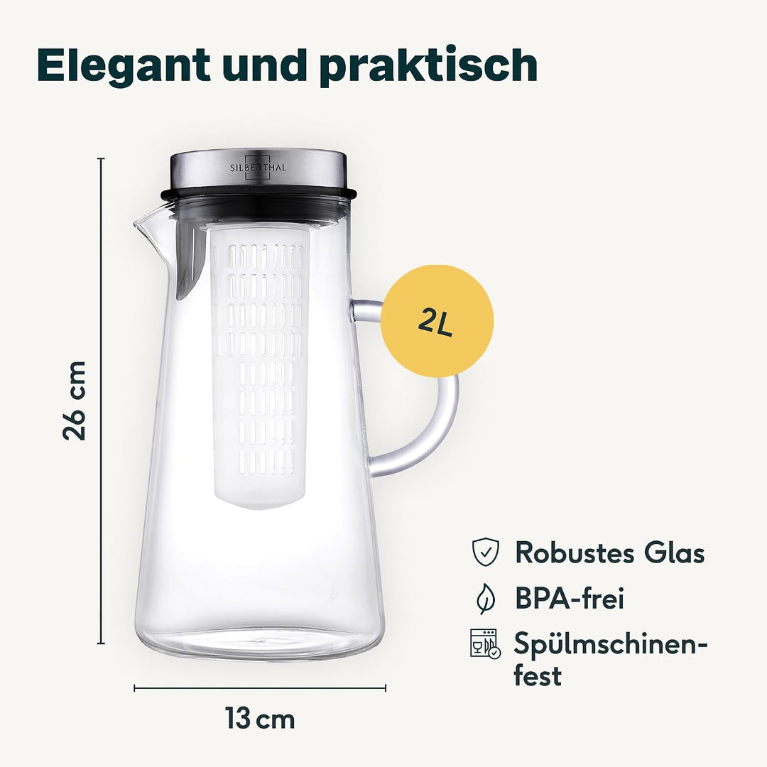 SILBERTHAL Glaskaraffe mit Deckel - 2 Liter 2000 ml, 2000 ml