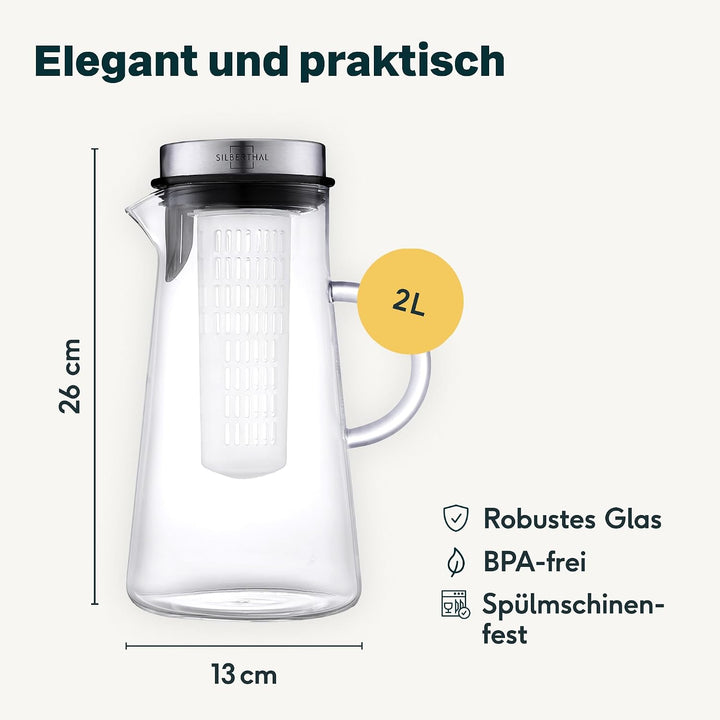 SILBERTHAL Glaskaraffe mit Deckel - 2 Liter 2000 ml, 2000 ml