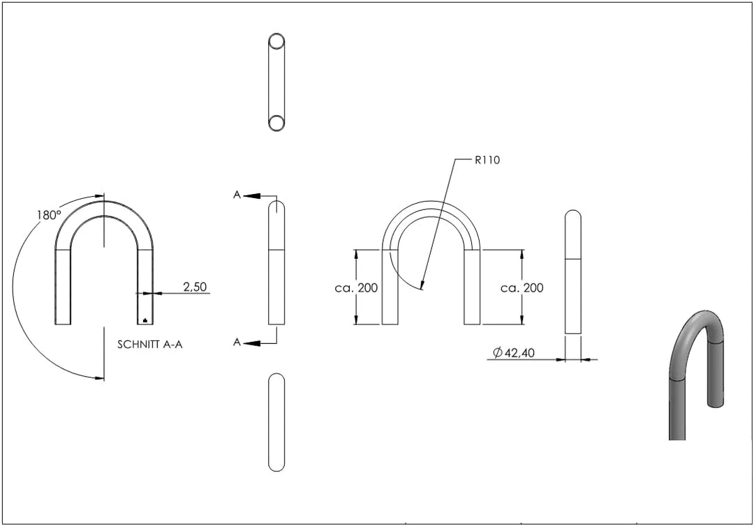 Fenau | Stahl Rohrbogen | 180° | 42,4x2,5 mm | Stahl S235JR, roh Winkel: 180° 42,4x2,5 mm | 1 1/4" R