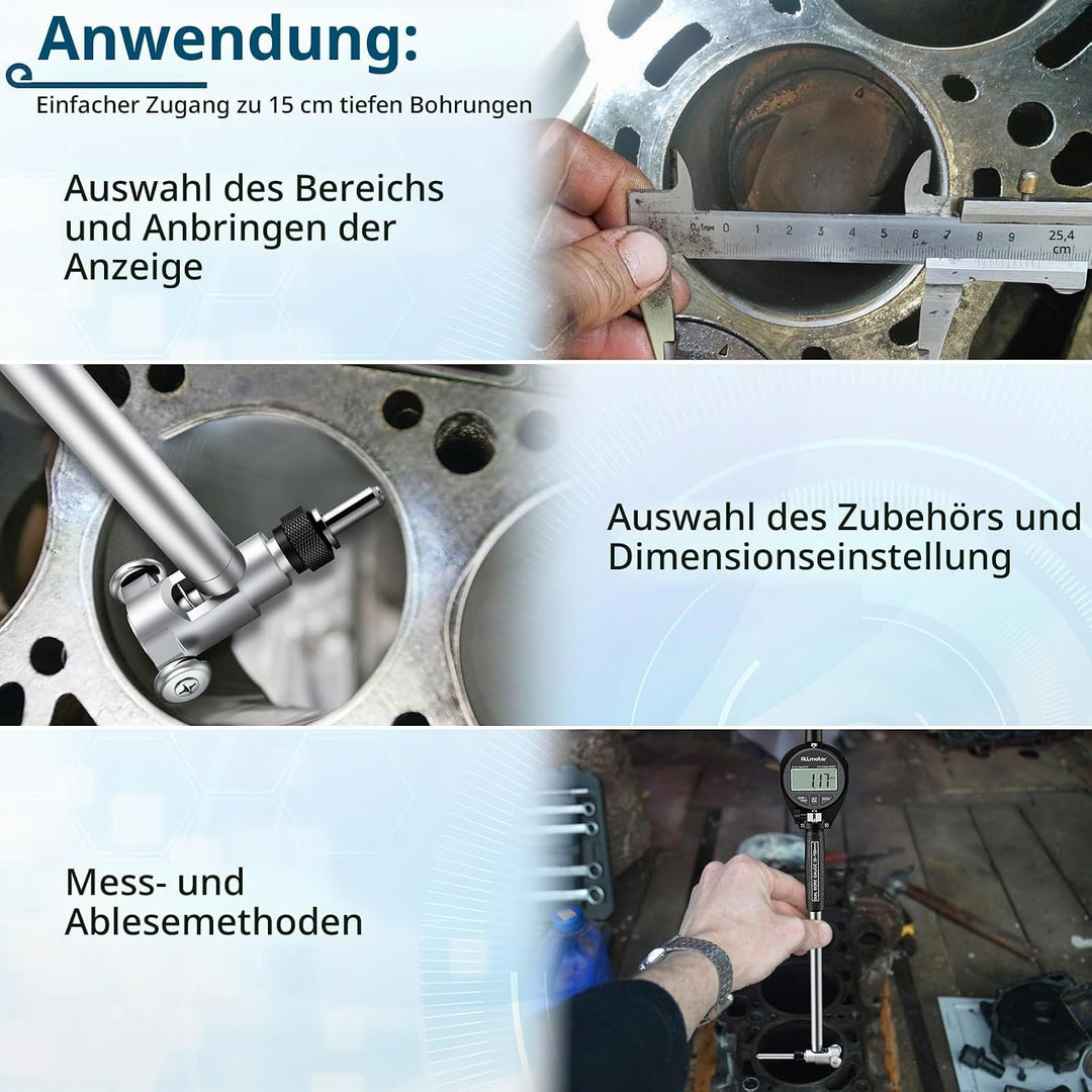 Digital Bohrungsmessgerät, Innenmessuhr 50–160 mm, 0,01 mm Genauigkeit, inkl. 12 Messköpfe und ABS-B