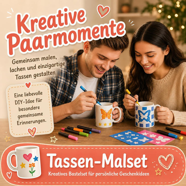 Keramik Bemalen Set – 2 Keramikbecher 12 Porzellanstifte (schnelltrocknend) 12 Design-Schablonen Ker