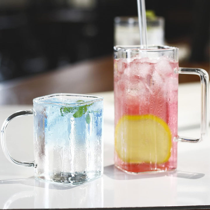 LUXU Trinkgläser mit Griff, 237 ml, Set mit 4 dünnen, quadratischen Gläsern, elegante Bargläser für