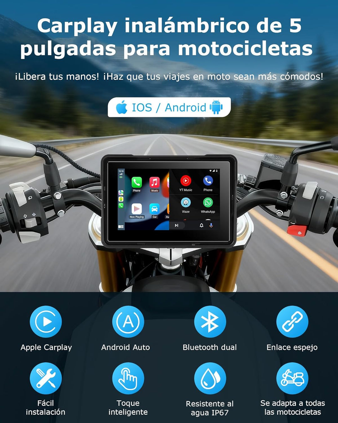 Motorrad Carplay Bildschirm Android Auto Motorrad mit 5 Zoll Wasserdichter Touchscreen, Kabelloses C