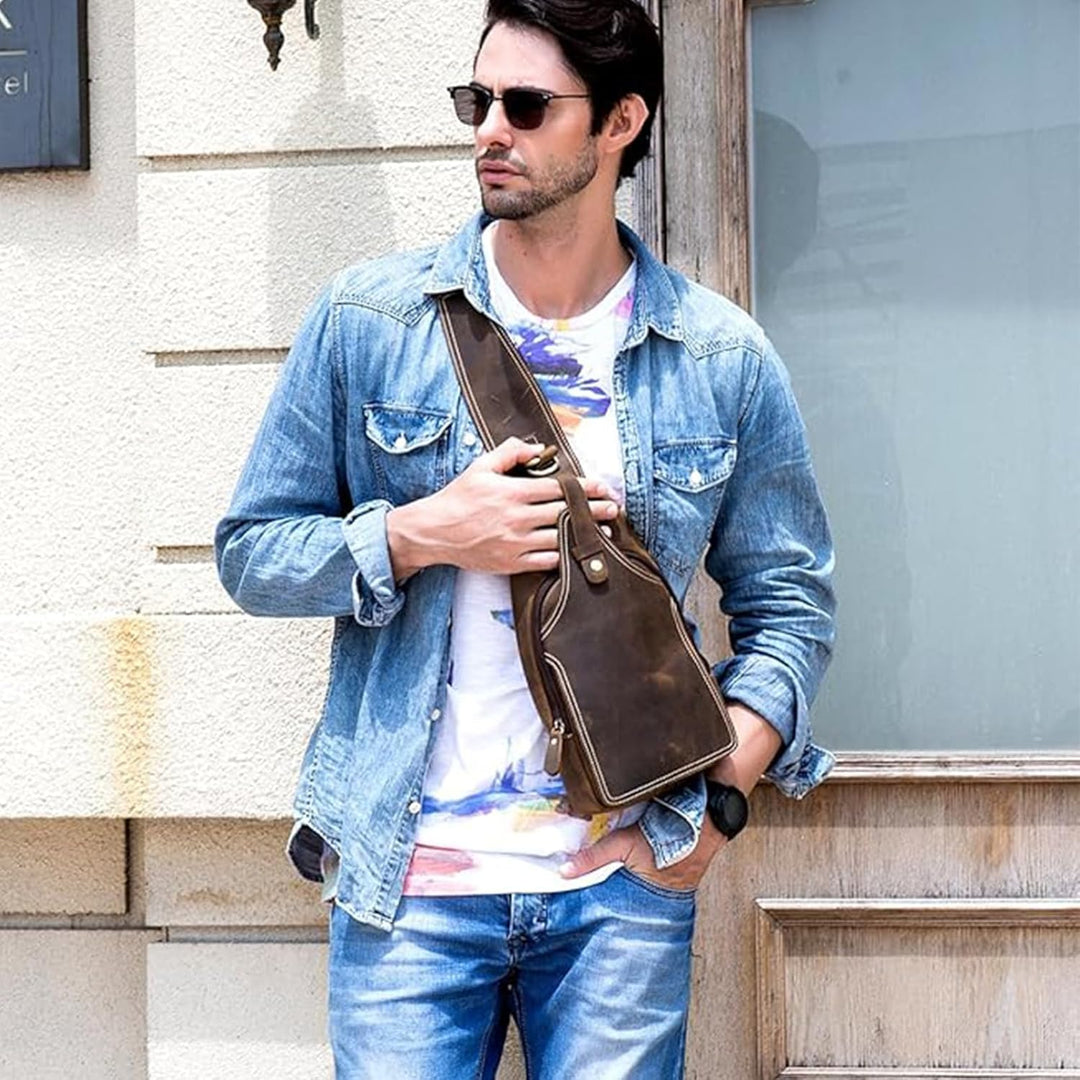 LUUFAN Herren Echtes Leder Sling Bag Brust Schulter Rucksack Crossbody Tasche für Casual Sport Wande
