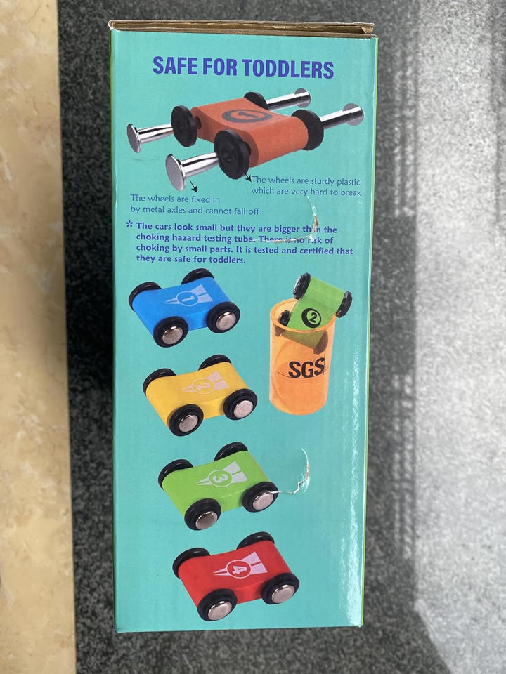 Towo Reines Holz Car Rampe - Zick-Zack-Auto-Rutschbahn mit 4 Holzautos Spielsets-Click Clack Track H