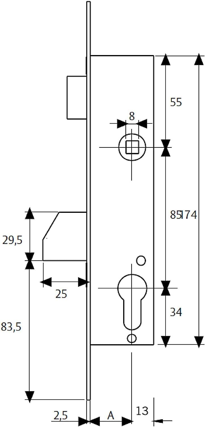 Tesa Assa Abloy 421028AI 2210 Metallschloss, Grau (rostfrei), Entrada 25 mm