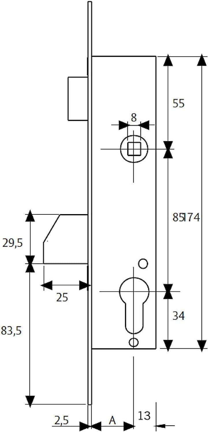 Tesa Assa Abloy 421028AI 2210 Metallschloss, Grau (rostfrei), Entrada 25 mm