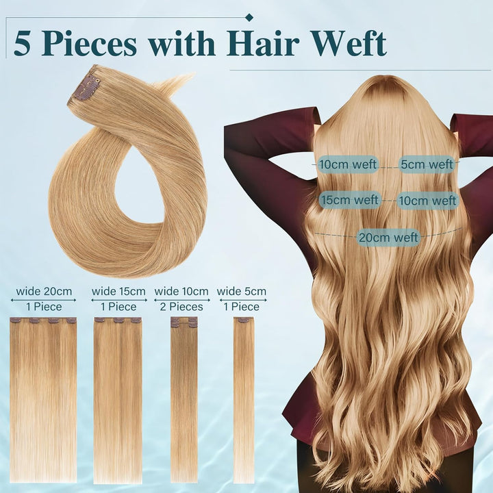 Elailite Echthaar Extensions Clip in #27 Honigblond, 5 Tressen Remy Haarverlängerung mit 12 Clips, 4