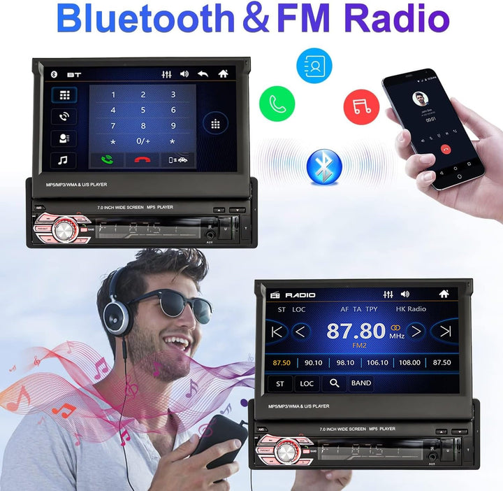 CAMECHO Autoradio Bluetooth 1 Din 7 Zoll Motorisierte Ausfahrbarem Display, Autoradio mit Bildschirm