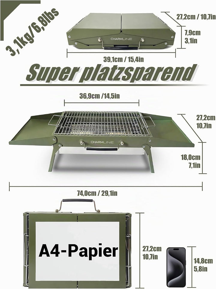 Charmline Tragbarer Holzkohlegrill, Klappbarer Campinggrill 39 x 27 cm für 2–4 Personen, Kleiner BBQ