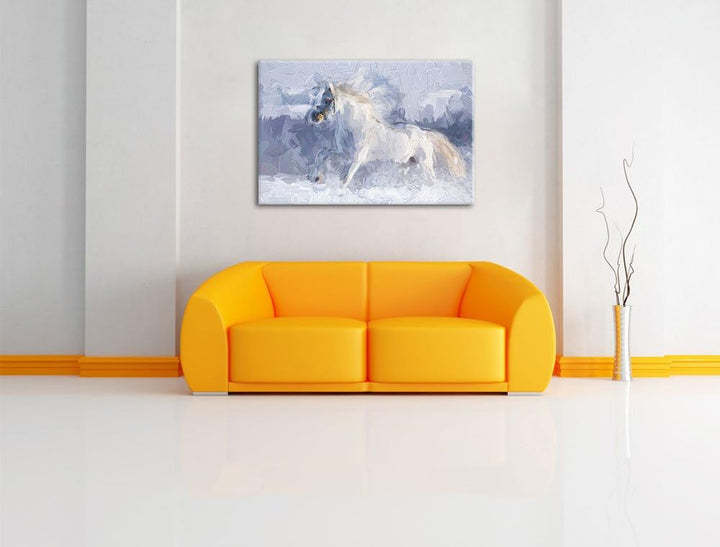 Pixxprint Weisses Pferd auf Schneewiese als Leinwandbild/Grösse: 100x70 cm/Wandbild/Kunstdruck/ferti