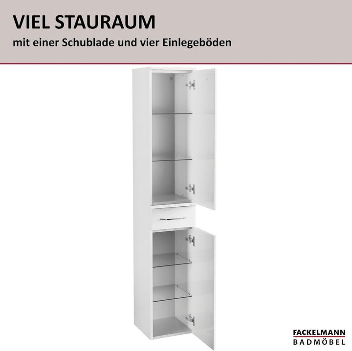FACKELMANN Milano Hochschrank mit 2 Türen und 1 Schublade – Schrank fürs Badezimmer (30,5 cm x 165,5